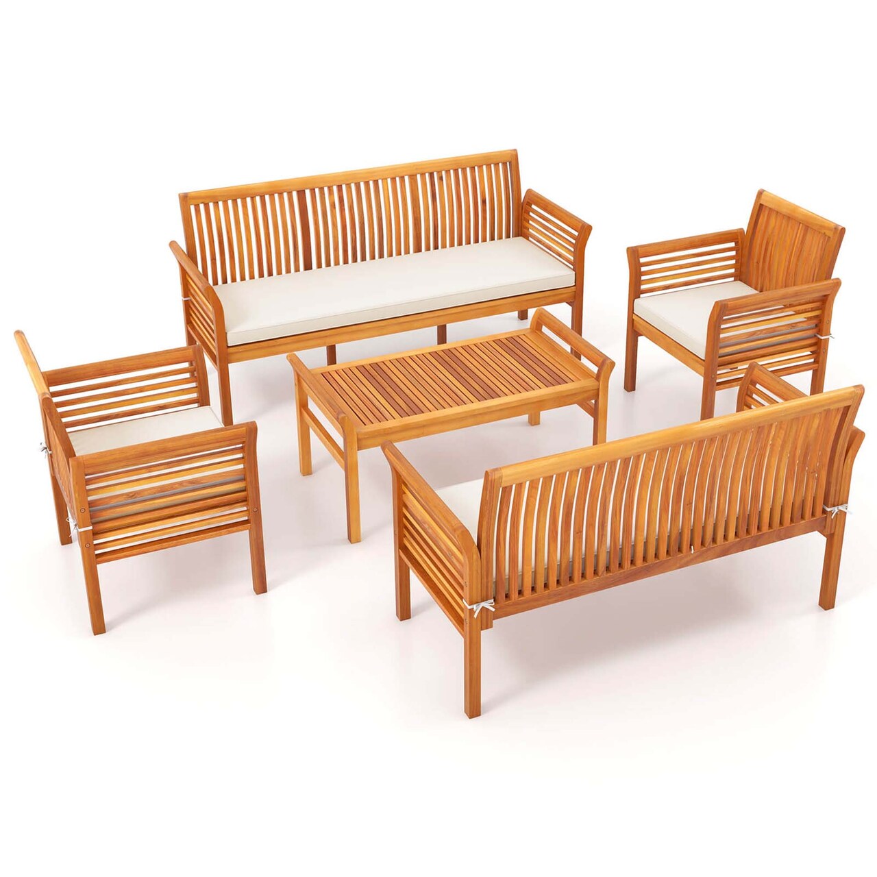 Costway 5 PCS Patio Furniture Set with Acacia Wood Frame & Removable Seat Cushions